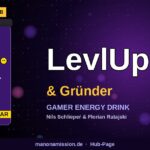 Stilisierte Energy-Drink-Dose neben dem LevlUp-Brand-Text auf dunkel-violettem Gamer-Hintergrund